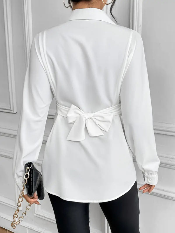 Shirts - Belted Peplum Business Shirt with Long Sleeves