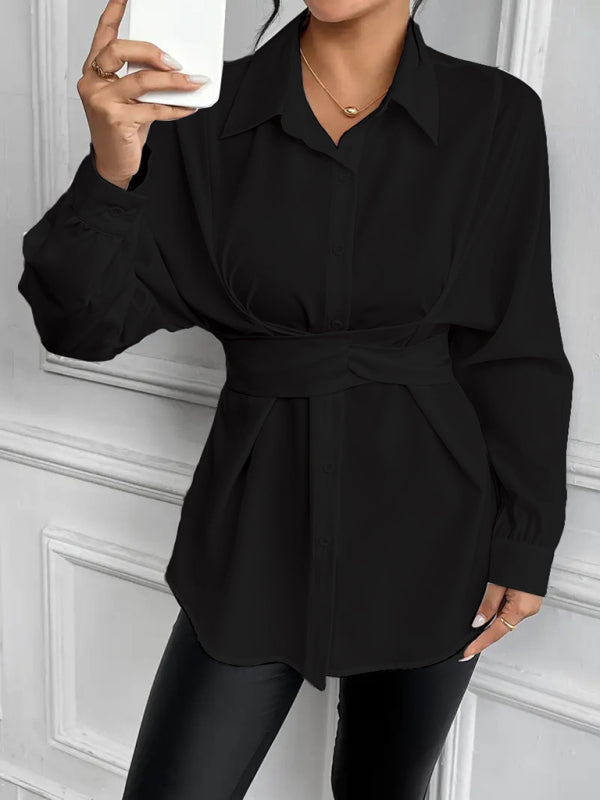 Shirts - Belted Peplum Business Shirt with Long Sleeves