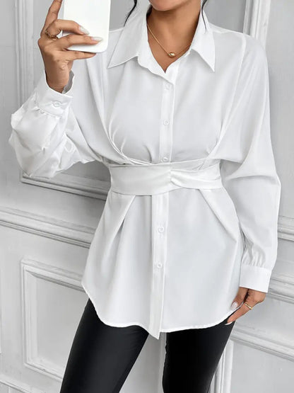 Shirts - Belted Peplum Business Shirt with Long Sleeves