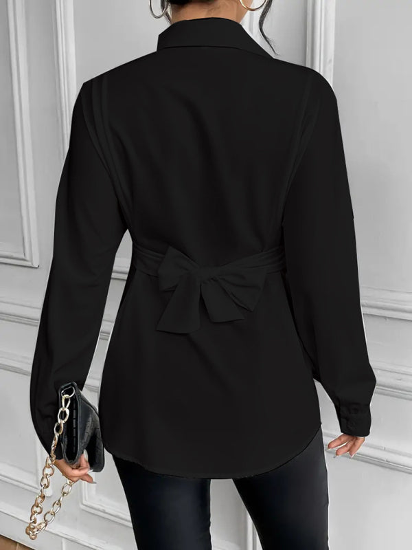 Shirts - Belted Peplum Business Shirt with Long Sleeves