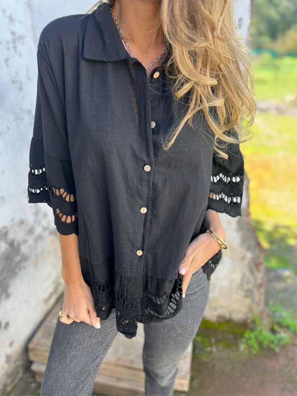 Shirts - Boho Lace Flared Sleeves Blouse Flowy Shirt