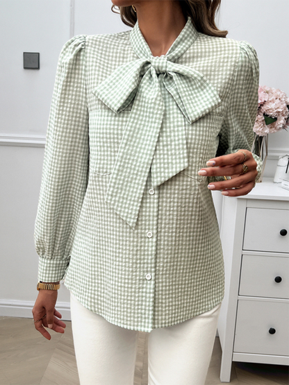 Elegant Gingham Bow Tie Blouse – Perfect for Office