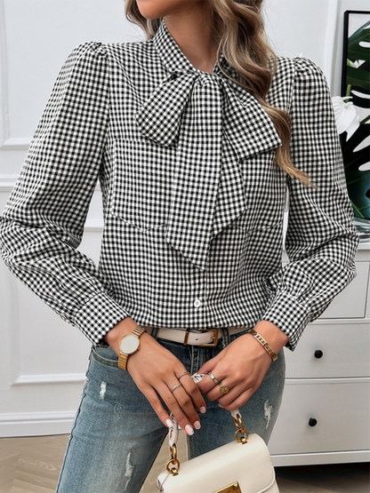 Elegant Gingham Bow Tie Blouse – Perfect for Office