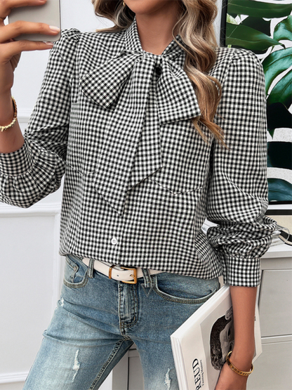 Elegant Gingham Bow Tie Blouse – Perfect for Office