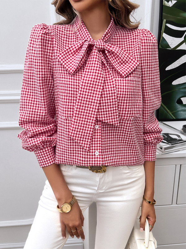 Elegant Gingham Bow Tie Blouse – Perfect for Office