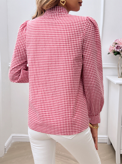 Elegant Gingham Bow Tie Blouse – Perfect for Office