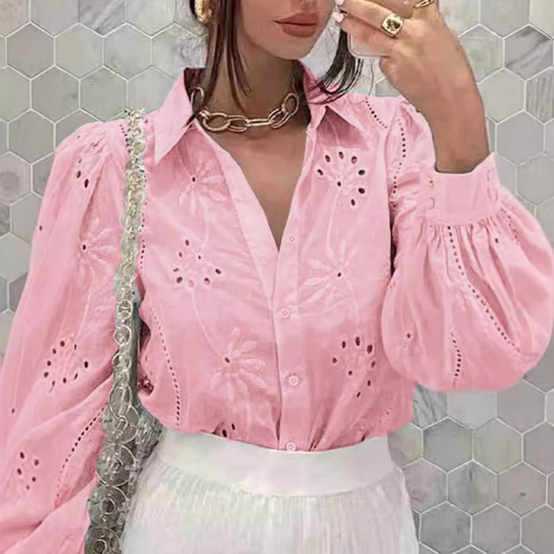 Shirts - Embroidered Puff Sleeve Shirt Long Sleeve Blouse