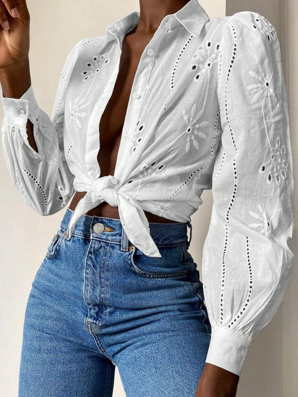 Shirts - Embroidered Puff Sleeve Shirt Long Sleeve Blouse