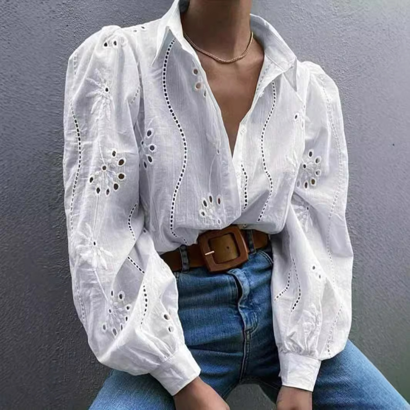 Shirts - Embroidered Puff Sleeve Shirt Long Sleeve Blouse