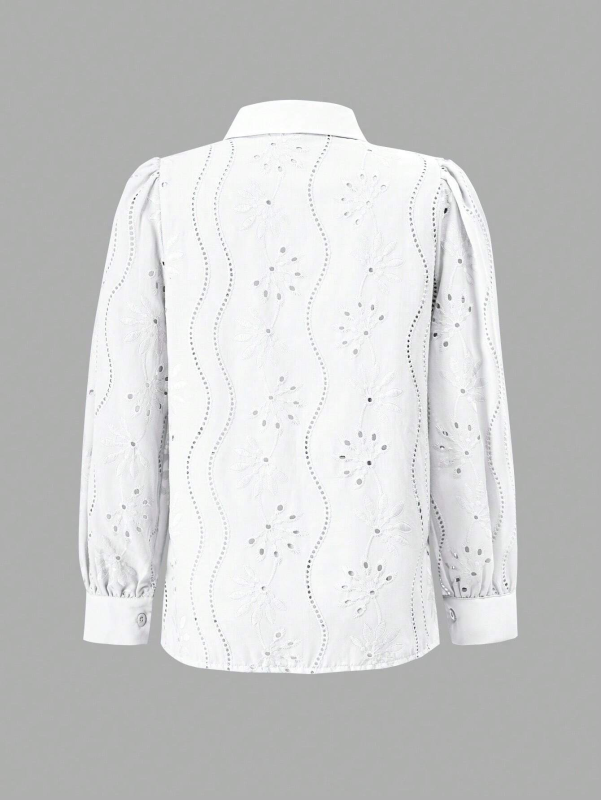 Shirts - Embroidered Puff Sleeve Shirt Long Sleeve Blouse