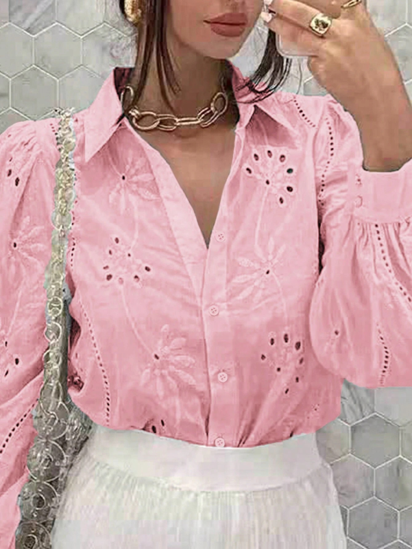 Shirts - Embroidered Puff Sleeve Shirt Long Sleeve Blouse