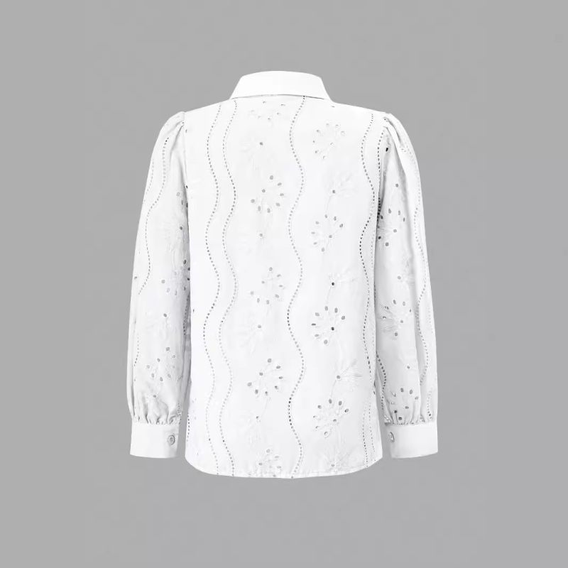 Shirts - Embroidered Puff Sleeve Shirt Long Sleeve Blouse