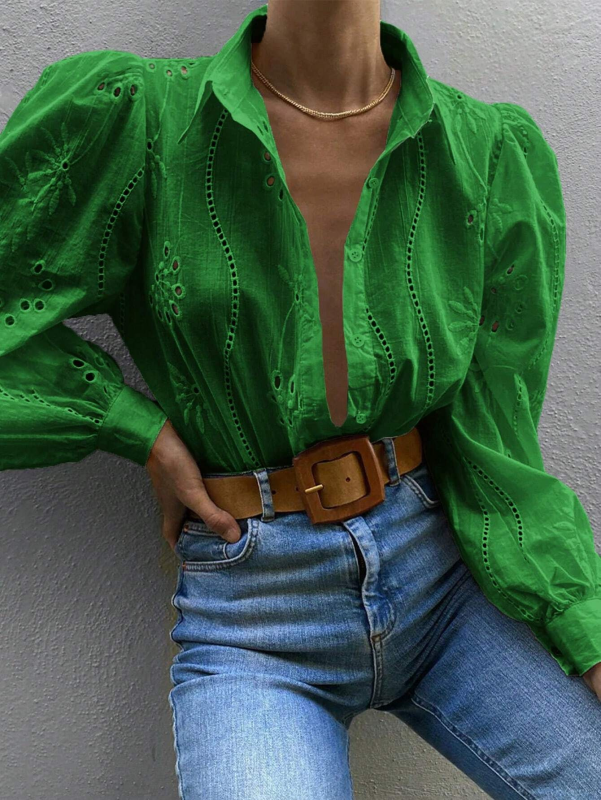 Shirts - Embroidered Puff Sleeve Shirt Long Sleeve Blouse