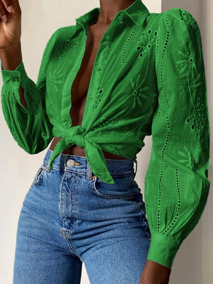 Shirts - Embroidered Puff Sleeve Shirt Long Sleeve Blouse