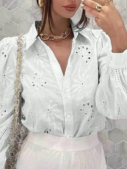 Shirts - Embroidered Puff Sleeve Shirt Long Sleeve Blouse