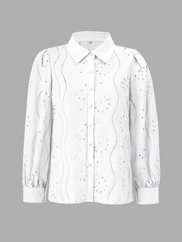 Shirts - Embroidered Puff Sleeve Shirt Long Sleeve Blouse