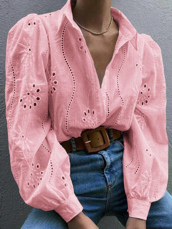 Shirts - Embroidered Puff Sleeve Shirt Long Sleeve Blouse