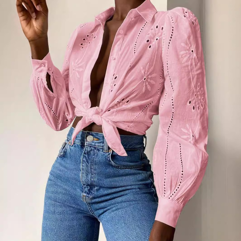 Shirts - Embroidered Puff Sleeve Shirt Long Sleeve Blouse