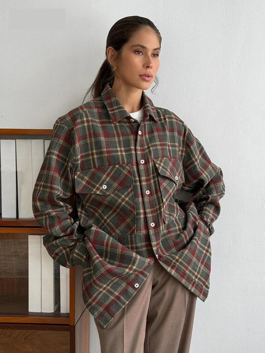 Shirts- Essential Autumn Layer Cozy Plaid Tartan Shirt for Women- Brown- Pekosa Women Fashion