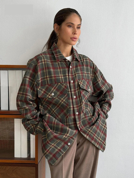 Shirts- Essential Autumn Layer Cozy Plaid Tartan Shirt for Women- Brown- Pekosa Women Fashion