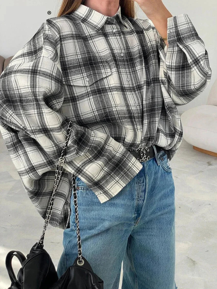 Shirts- Layering Essential Vintage Plaid Shirt for Women- Gray- Pekosa Women Fashion