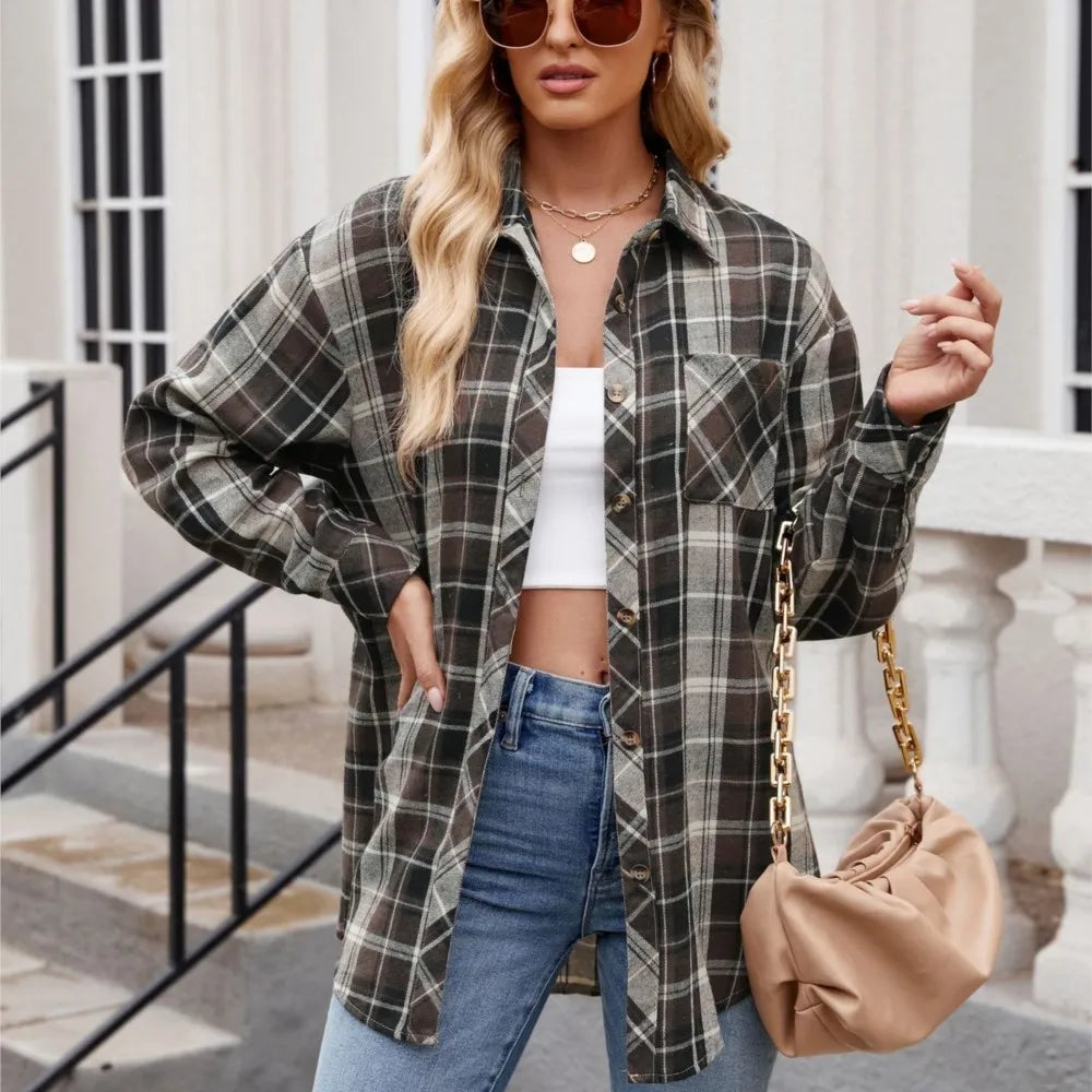 Shirts- Loose-Fit Comfy Plaid Shirt for Modern Women- - Pekosa Women Fashion