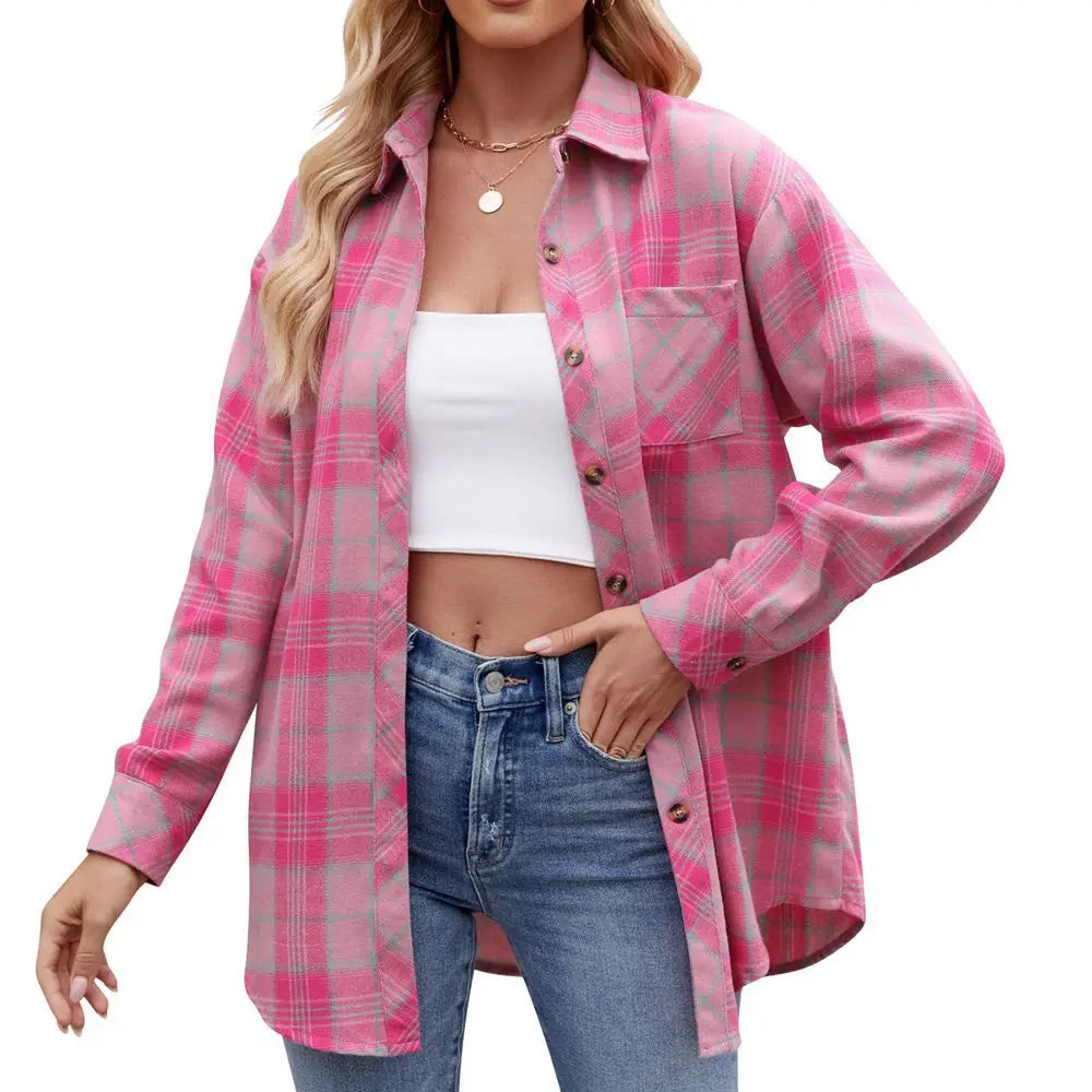 Shirts- Loose-Fit Comfy Plaid Shirt for Modern Women- Rose red- Pekosa Women Fashion