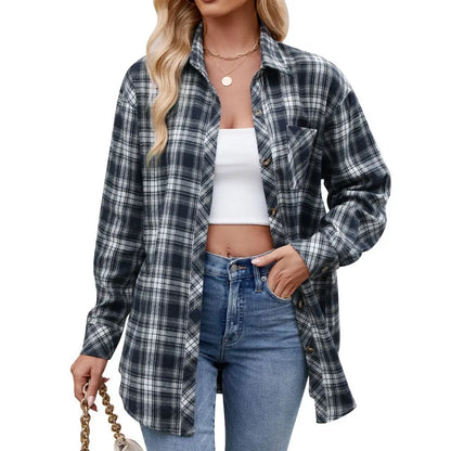 Shirts- Loose-Fit Comfy Plaid Shirt for Modern Women- Navy blue- Pekosa Women Fashion