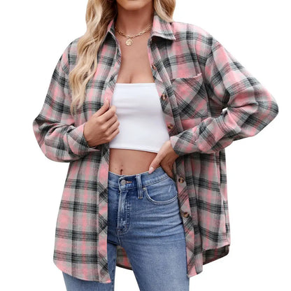 Shirts- Loose-Fit Comfy Plaid Shirt for Modern Women- Pink- Pekosa Women Fashion