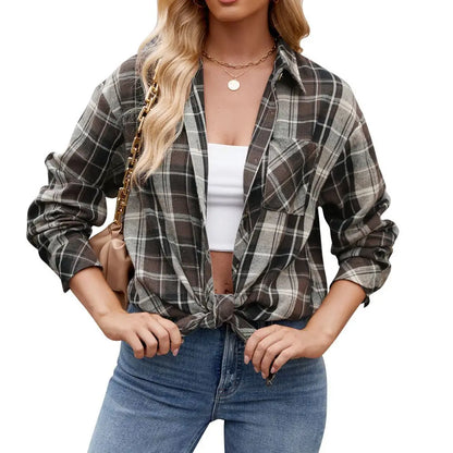 Shirts- Loose-Fit Comfy Plaid Shirt for Modern Women- Brown- Pekosa Women Fashion