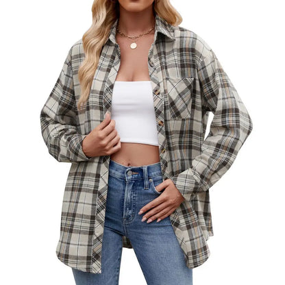 Shirts- Loose-Fit Comfy Plaid Shirt for Modern Women- Apricot- Pekosa Women Fashion