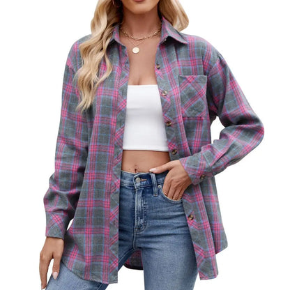 Shirts- Loose-Fit Comfy Plaid Shirt for Modern Women- Purple gray- Pekosa Women Fashion