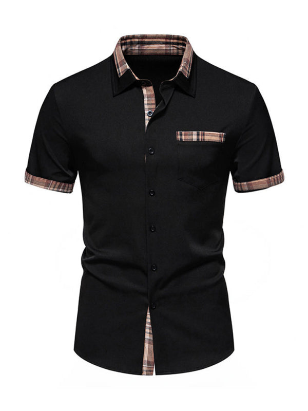 Shirts- Men's Solid Short Sleeve Shirt with Contrast Plaid Hem- Black- Pekosa Women Fashion