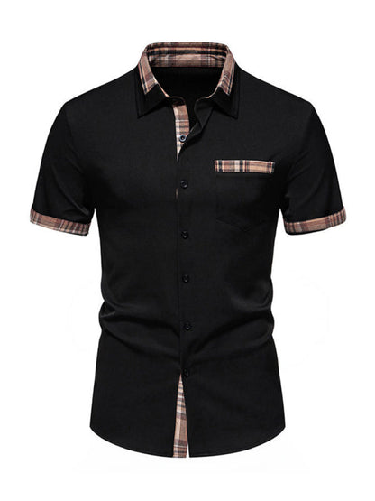 Shirts- Men's Solid Short Sleeve Shirt with Contrast Plaid Hem- Black- Pekosa Women Fashion