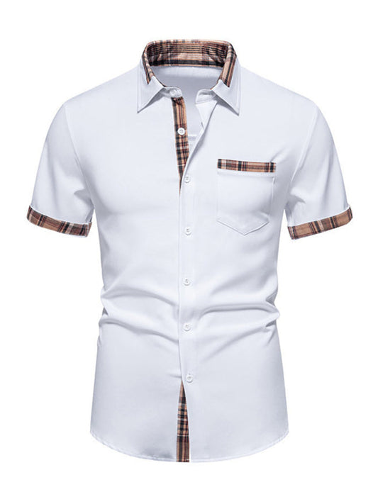 Shirts- Men's Solid Short Sleeve Shirt with Contrast Plaid Hem- White- Pekosa Women Fashion