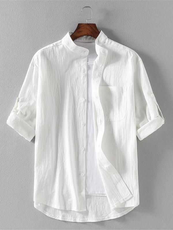 Shirts- Men's Textured Cotton Shirt Classic Collar & Button Tabs- White- Pekosa Women Fashion