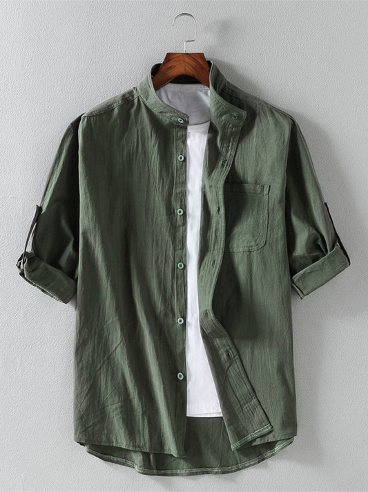 Shirts- Men's Textured Cotton Shirt Classic Collar & Button Tabs- Olive green- Pekosa Women Fashion