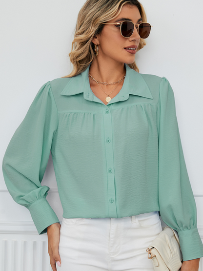 Shirts- Office-to-Evening Blouse Structured Drape Shirt- Pea green grey- Pekosa Women Fashion