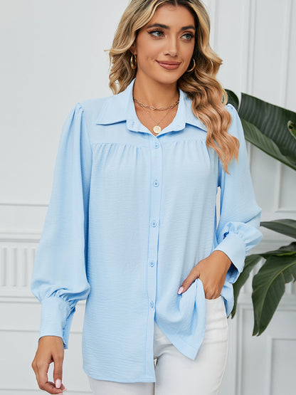 Shirts- Office-to-Evening Blouse Structured Drape Shirt- Sky blue azure- Pekosa Women Fashion