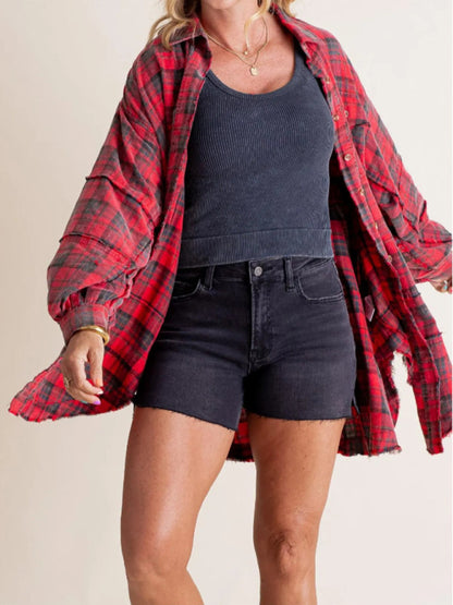 Shirts - Oversized Plaid Shirt Everyday Frayed Layering