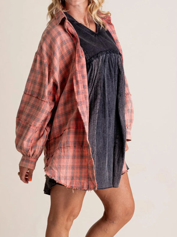 Shirts - Oversized Plaid Shirt Everyday Frayed Layering