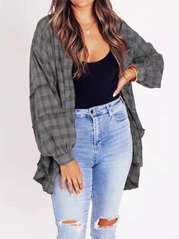 Shirts - Oversized Plaid Shirt Everyday Frayed Layering