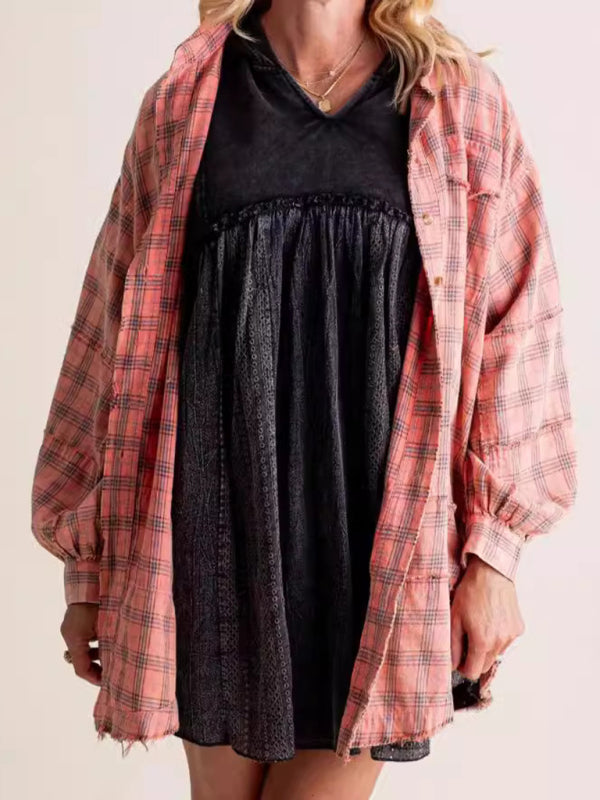 Shirts - Oversized Plaid Shirt Everyday Frayed Layering