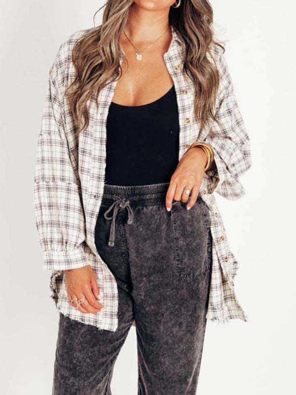 Shirts - Oversized Plaid Shirt Everyday Frayed Layering