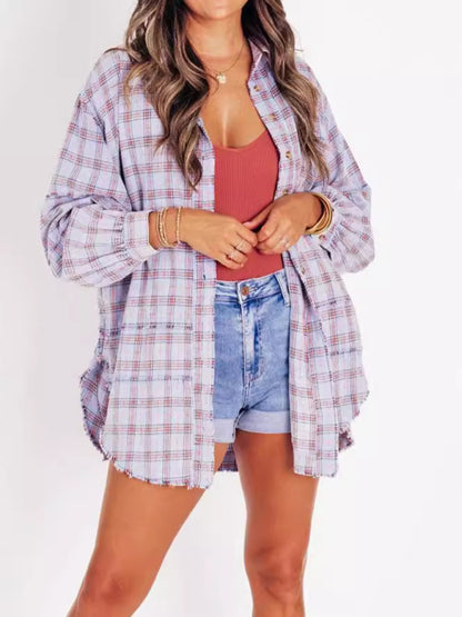 Shirts - Oversized Plaid Shirt Everyday Frayed Layering