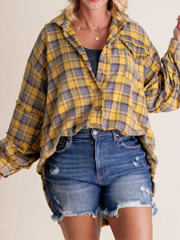 Shirts - Oversized Plaid Shirt Everyday Frayed Layering