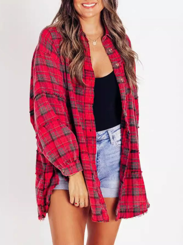 Shirts - Oversized Plaid Shirt Everyday Frayed Layering