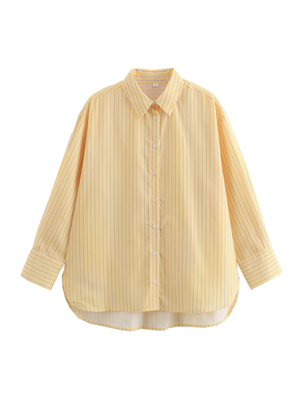 Shirts - Oversized Yellow Blouse Women Striped Shirt with Long Sleeves