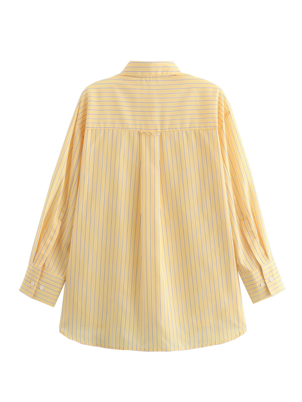 Shirts - Oversized Yellow Blouse Women Striped Shirt with Long Sleeves