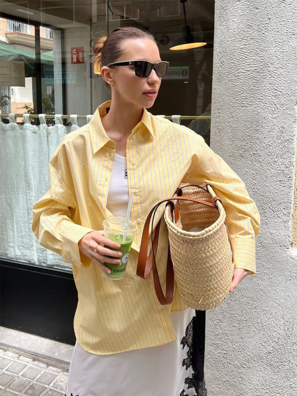 Shirts - Oversized Yellow Blouse Women Striped Shirt with Long Sleeves